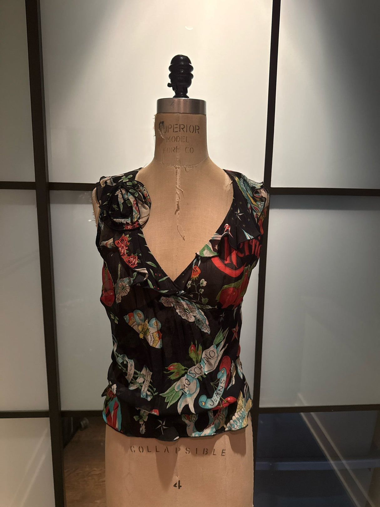 Moschino Size 6 Black & Red Silk Cherry Butterfly Blouse Ruffle