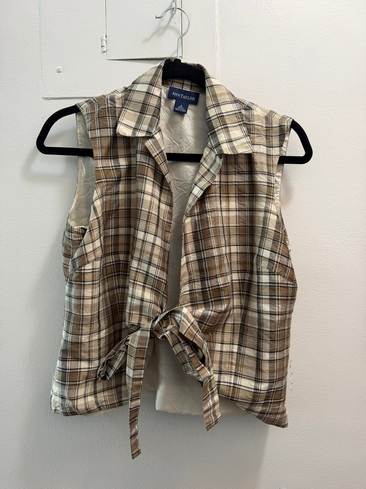 100% silk brown gray and white gingham tank with tie