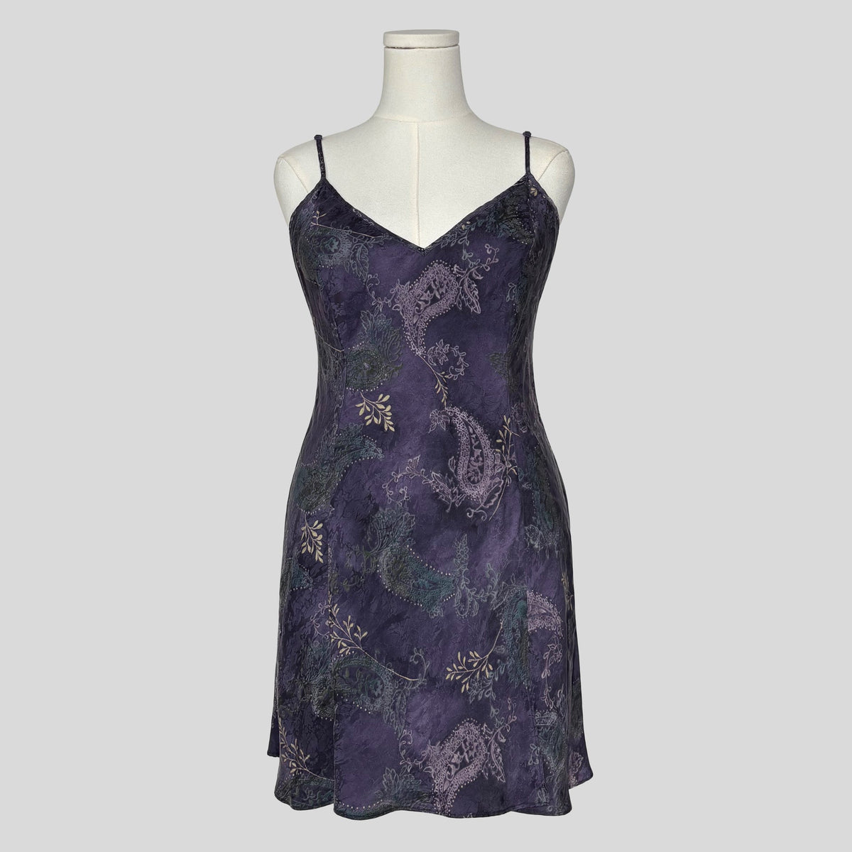 Silk v-neck slip dress in navy paisley