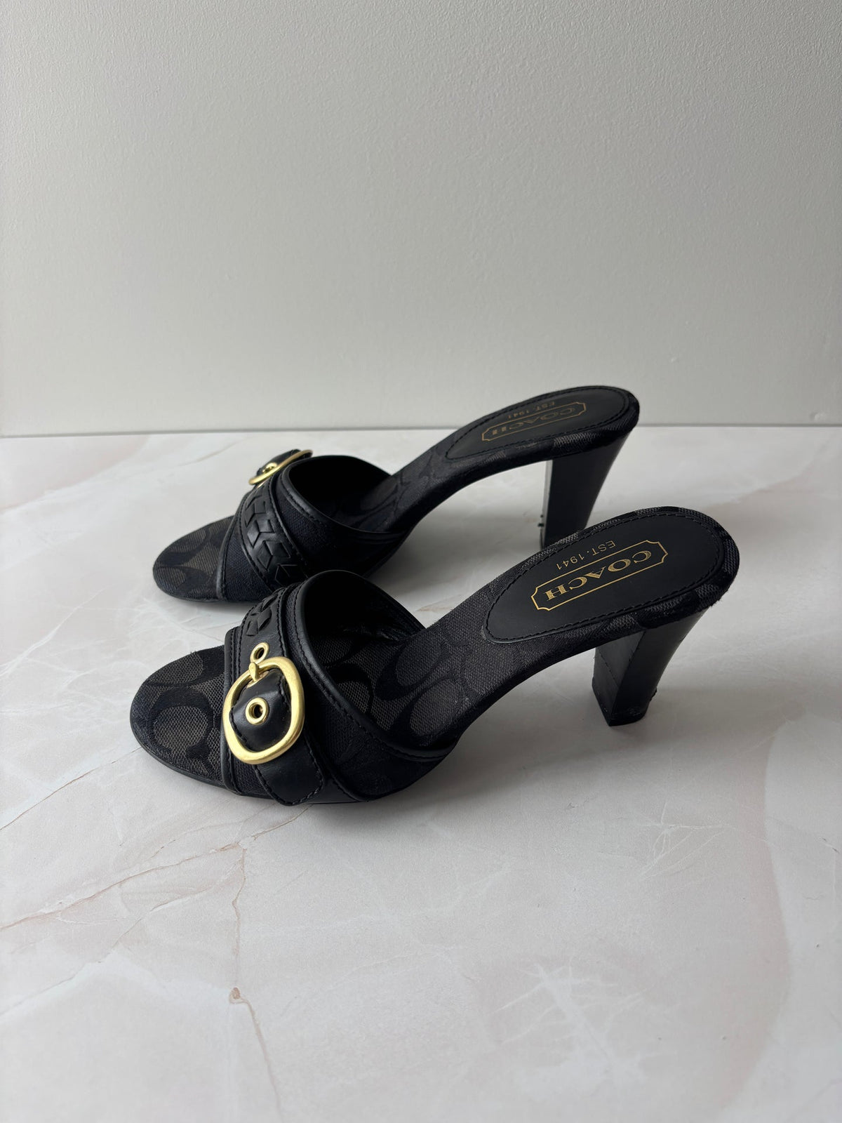 Coach US 6 Black Monogram Canvas Open-toe Block Heel Mule