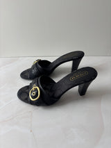 Coach US 6 Black Monogram Canvas Open-toe Block Heel Mule