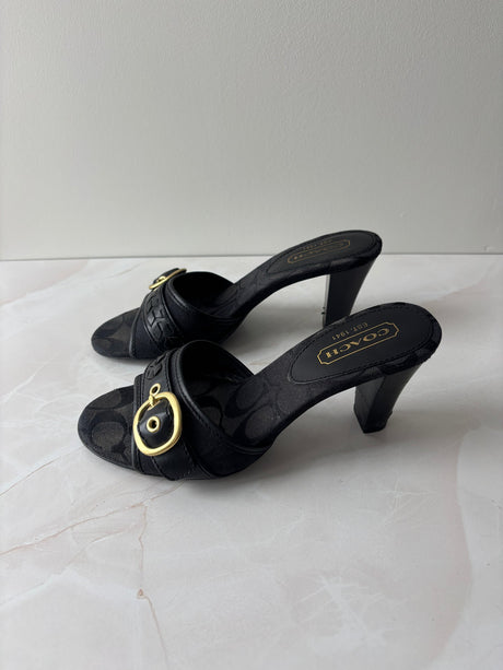 Coach US 6 Black Monogram Canvas Open-toe Block Heel Mule