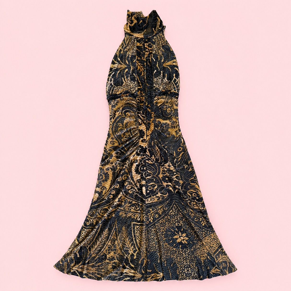 Roberto Cavalli Fall/Winter 2006 Indigo & Gold Python Print Silk Jersey Halter Gown