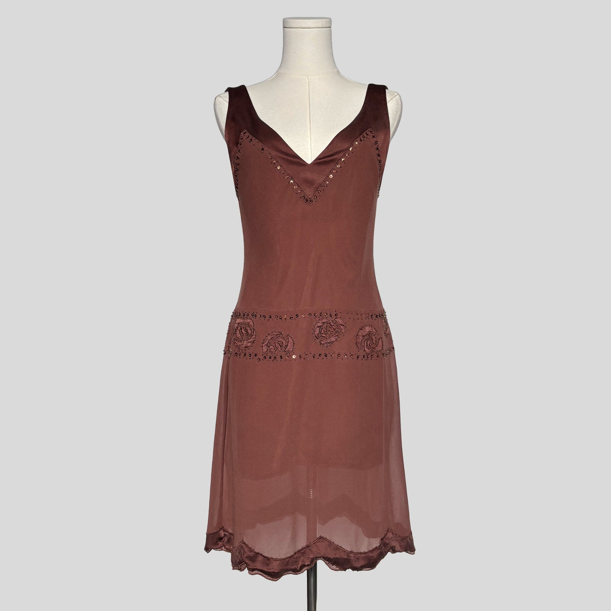 Beaded scalloped hem mini dress