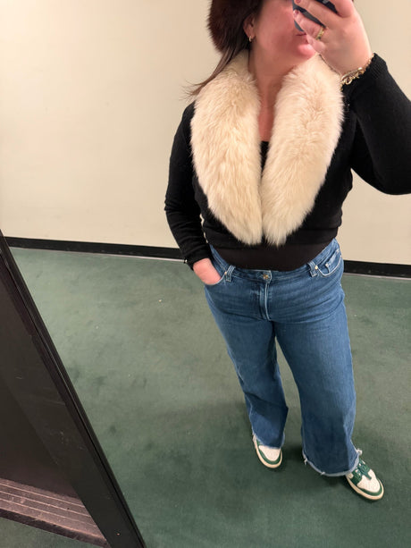 Vintage fox fur black sweater bolero with pearl details on sleeves