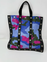 Moschino Blue Pink Black Camo Print Leather Tote Bag