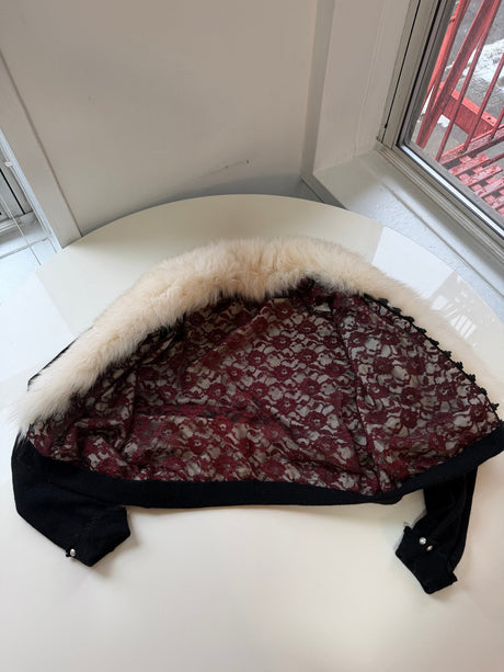 Vintage fox fur black sweater bolero with pearl details on sleeves