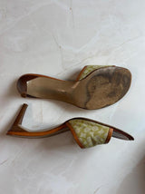 Coach US 8.5 Apple Green Signature C Monogram Canvas Open Toe Kitten Heel