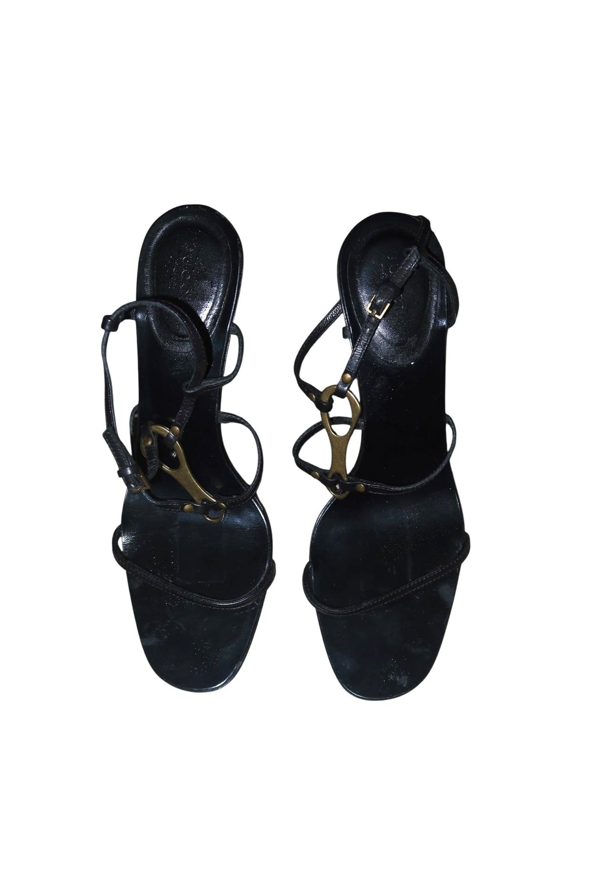 Gucci by Tom Ford black leather strappy heels with gold horsebit (9.5)