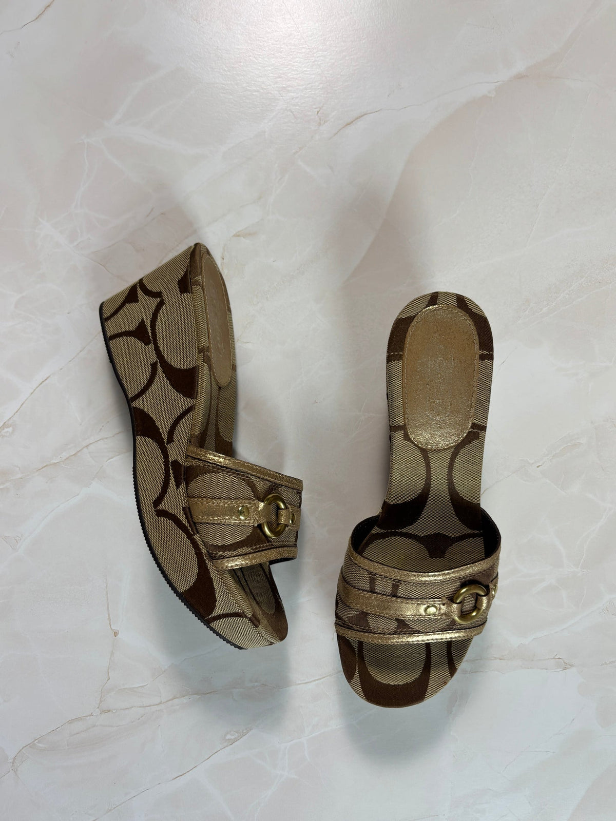 Coach US 7.5 Tan and Brown Monogram Canvas Open-toe Wedge Slide
