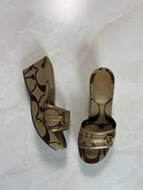 Coach US 7.5 Tan and Brown Monogram Canvas Open-toe Wedge Slide