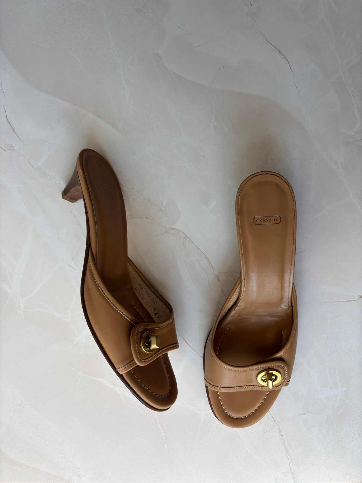 Coach US 6.5 Tan Leather Turnlock Slide Mule