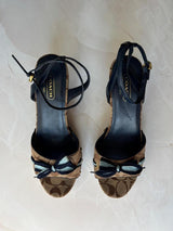Coach US 9 Tan/brown Monogram C Canvas Open Toe Wooden Wedge