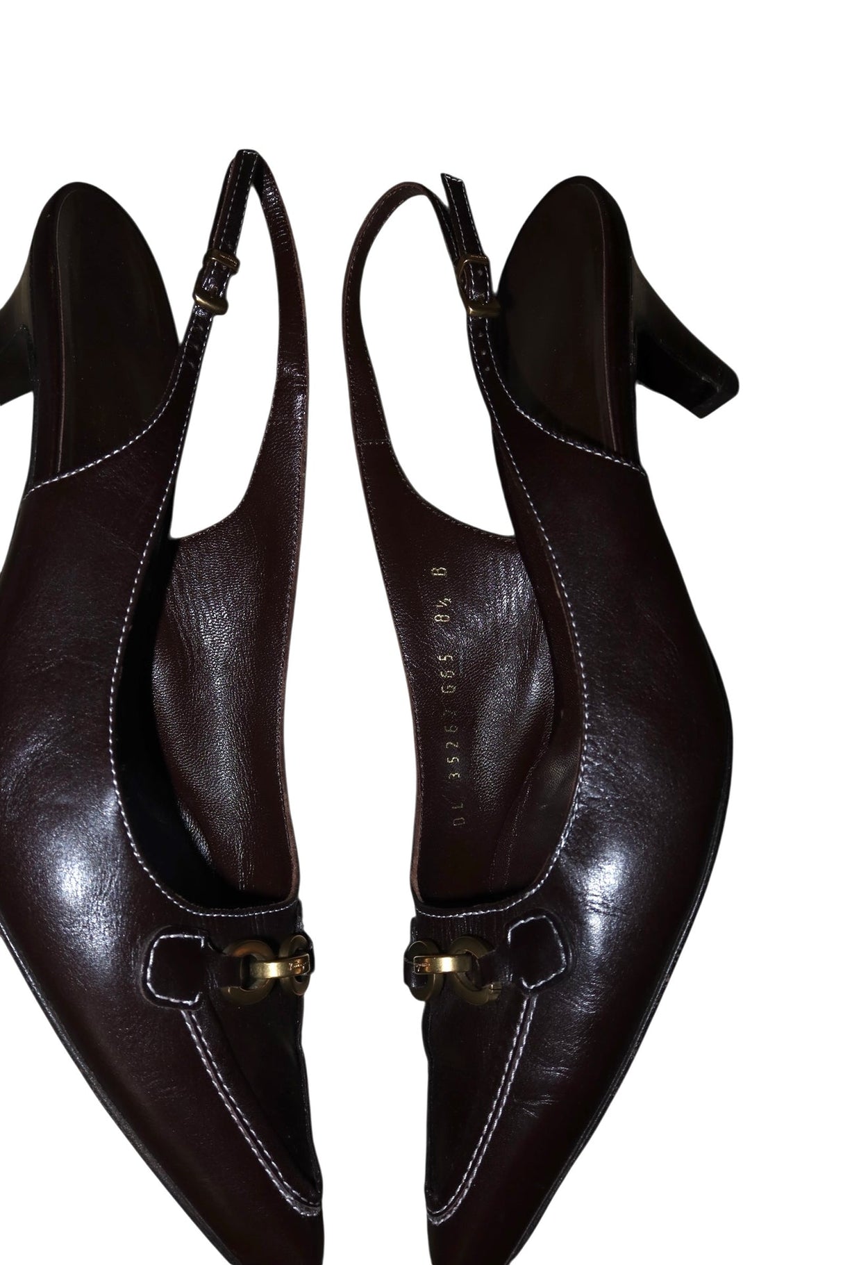 Salvatore Ferragamo brown slingback heels with gold accents (8.5B)