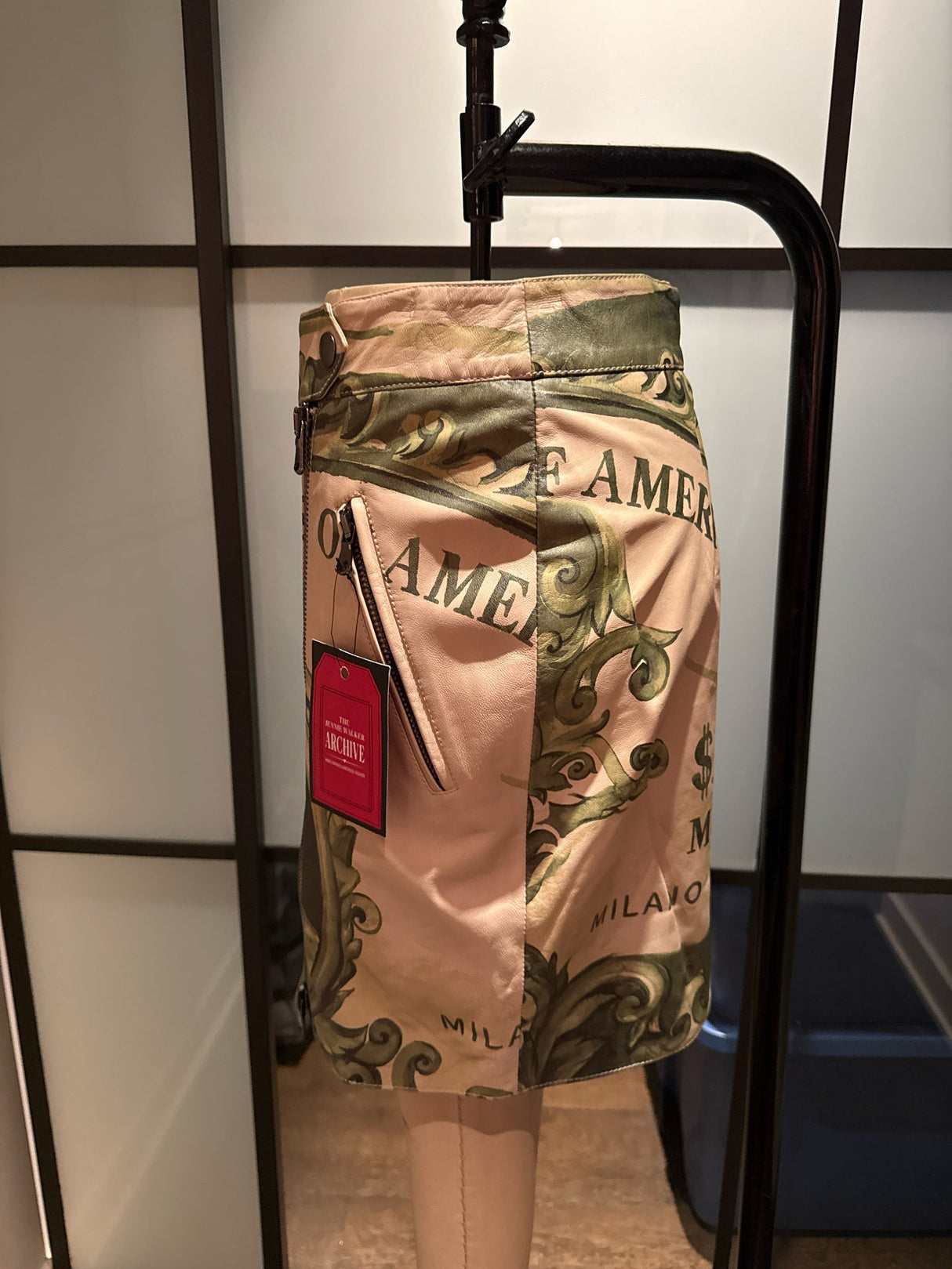 Moschino Green & Ivory Leather Million Dollar Skirt