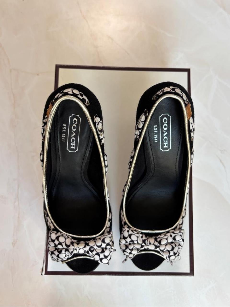 Coach US 7 Black White Monogram Canvas Wedge Sandal