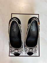 Coach US 7 Black White Monogram Canvas Wedge Sandal