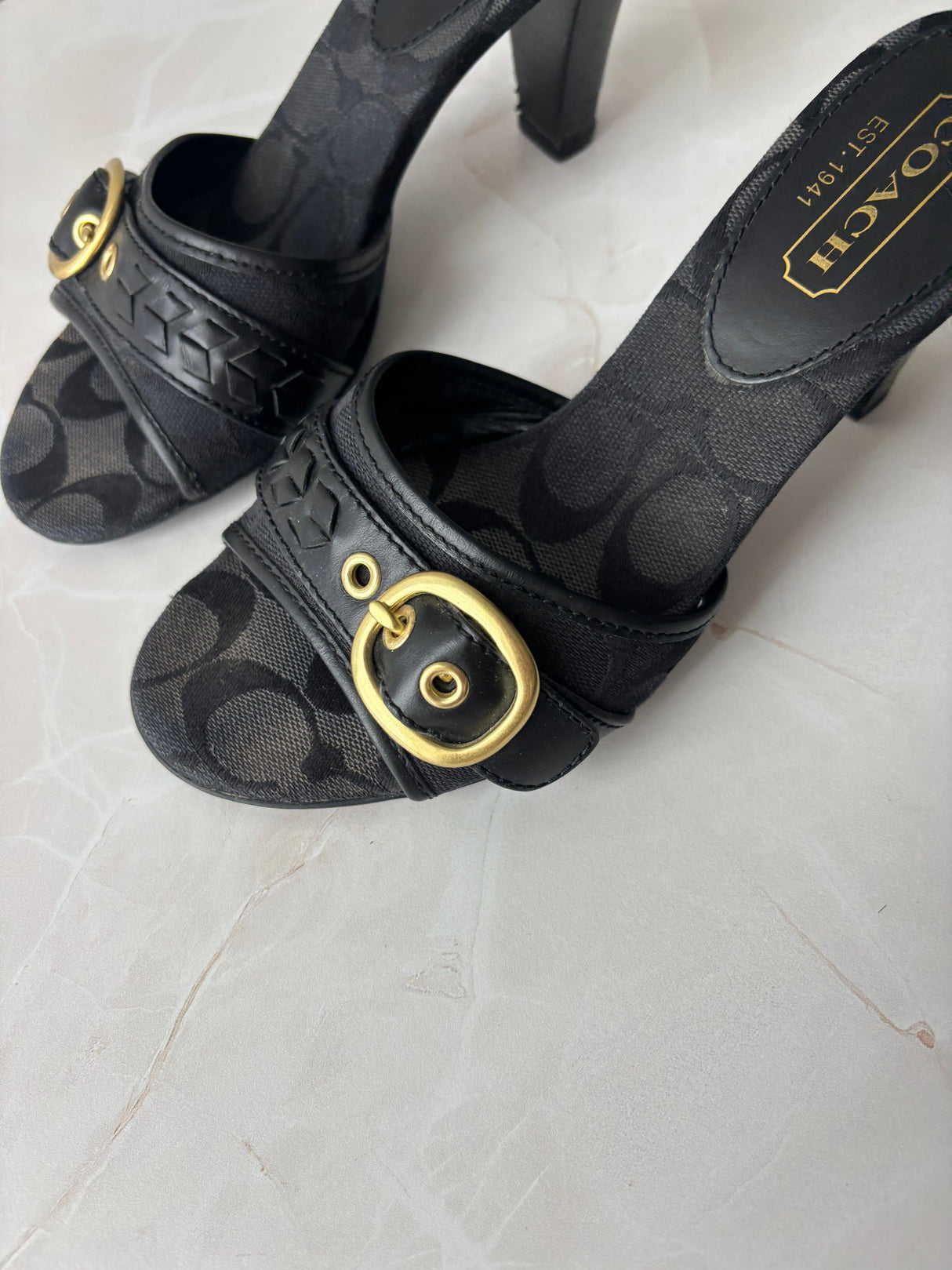 Coach US 6 Black Monogram Canvas Open-toe Block Heel Mule