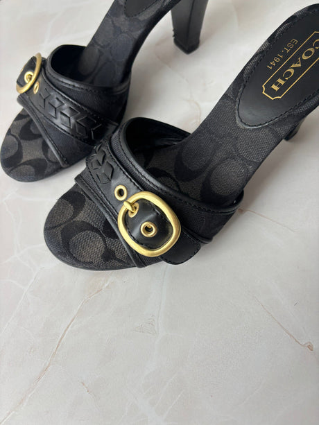 Coach US 6 Black Monogram Canvas Open-toe Block Heel Mule