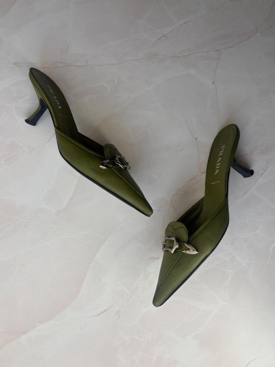 Prada EU 36 Olive Green Leather Pointed-toe Mule