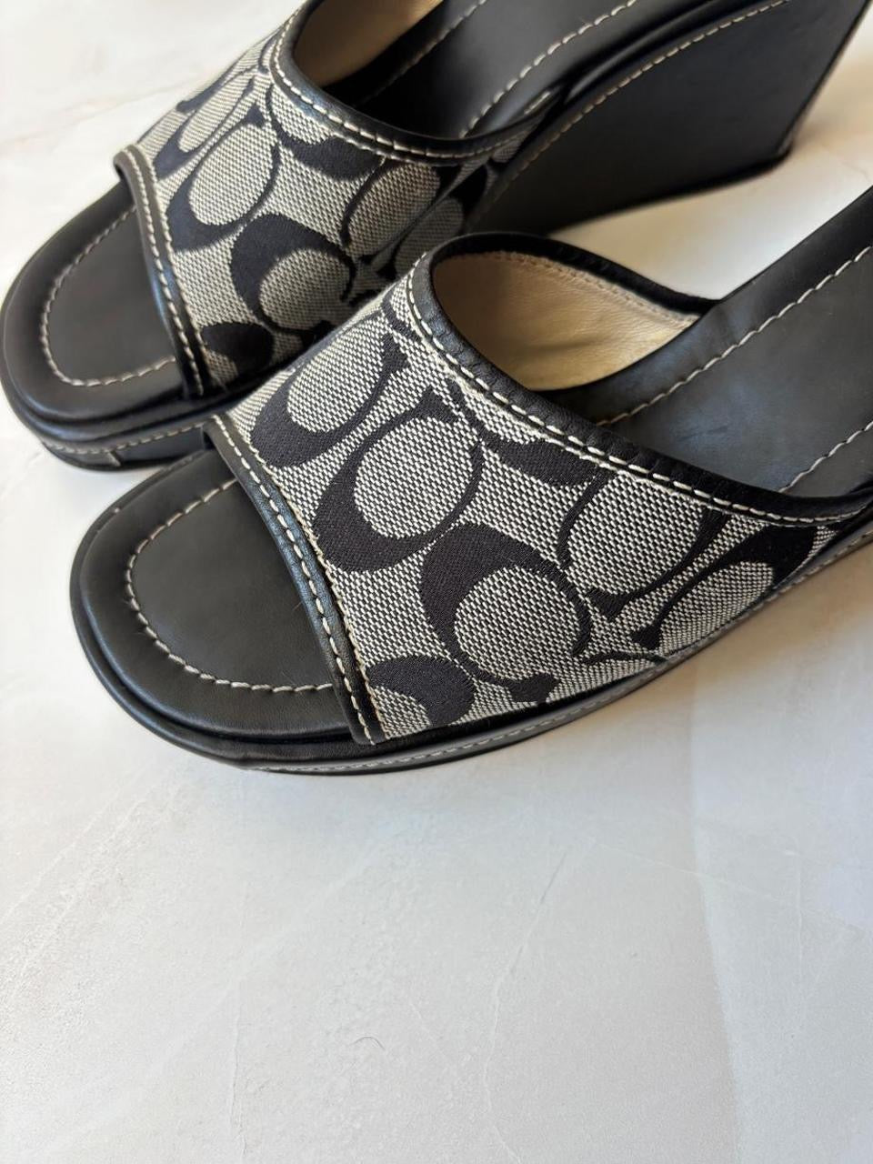 Coach US 10 Black Grey Monogram Canvas Wedge Slide Sandal