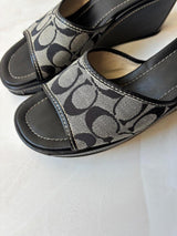 Coach US 10 Black Grey Monogram Canvas Wedge Slide Sandal
