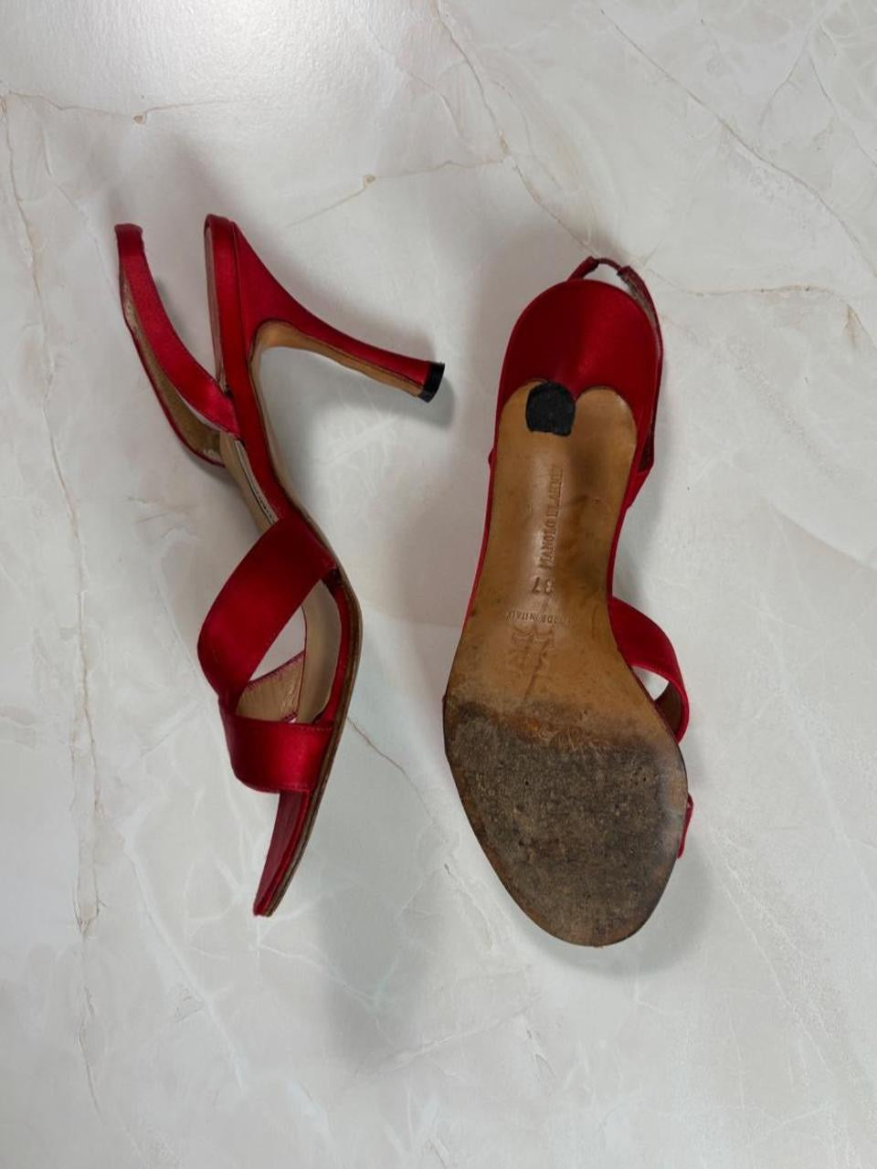 Manolo Blahnik EU 37 Cherry Red Satin Crisscross Sandal