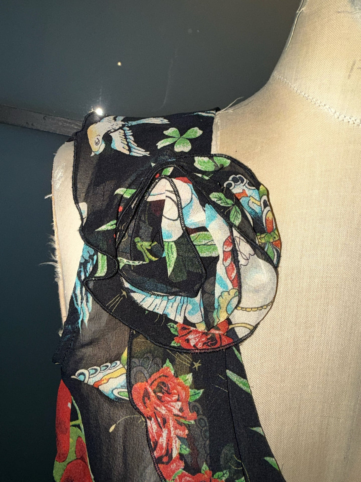 Moschino Size 6 Black & Red Silk Cherry Butterfly Blouse Ruffle