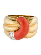Signed Leo Pizzo 18K Gold, Coral and Diamond Cocktail Ring