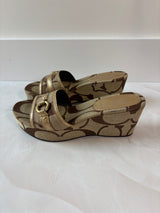 Coach US 7.5 Tan and Brown Monogram Canvas Open-toe Wedge Slide