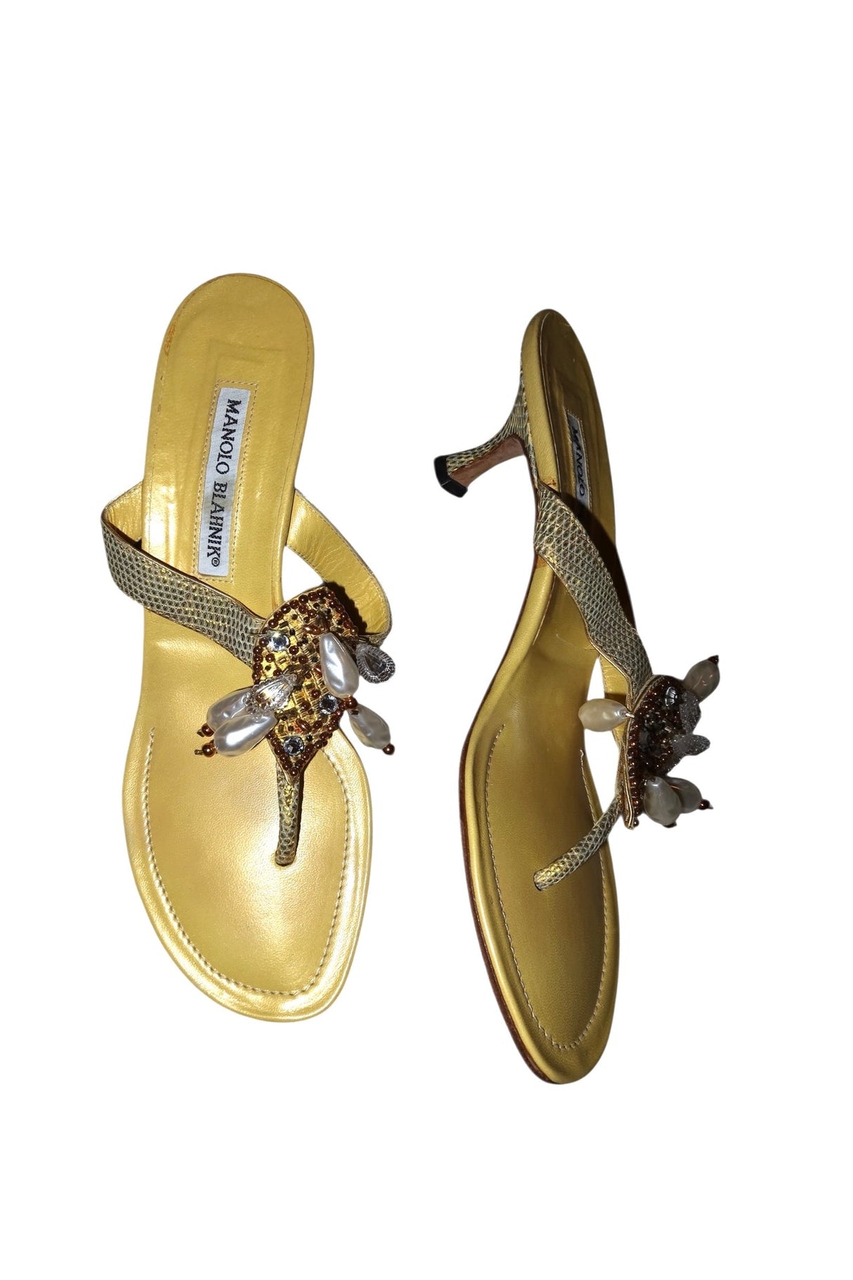 Manolo Blahnik yellow pearl and lizard sandal heels (38.5)