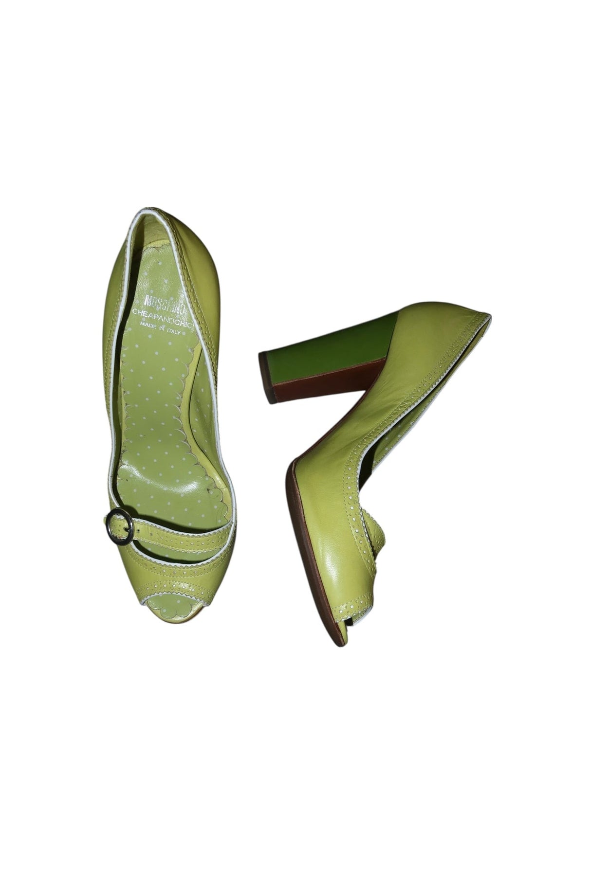Moschino lime green peep toe heels with buckle (39)