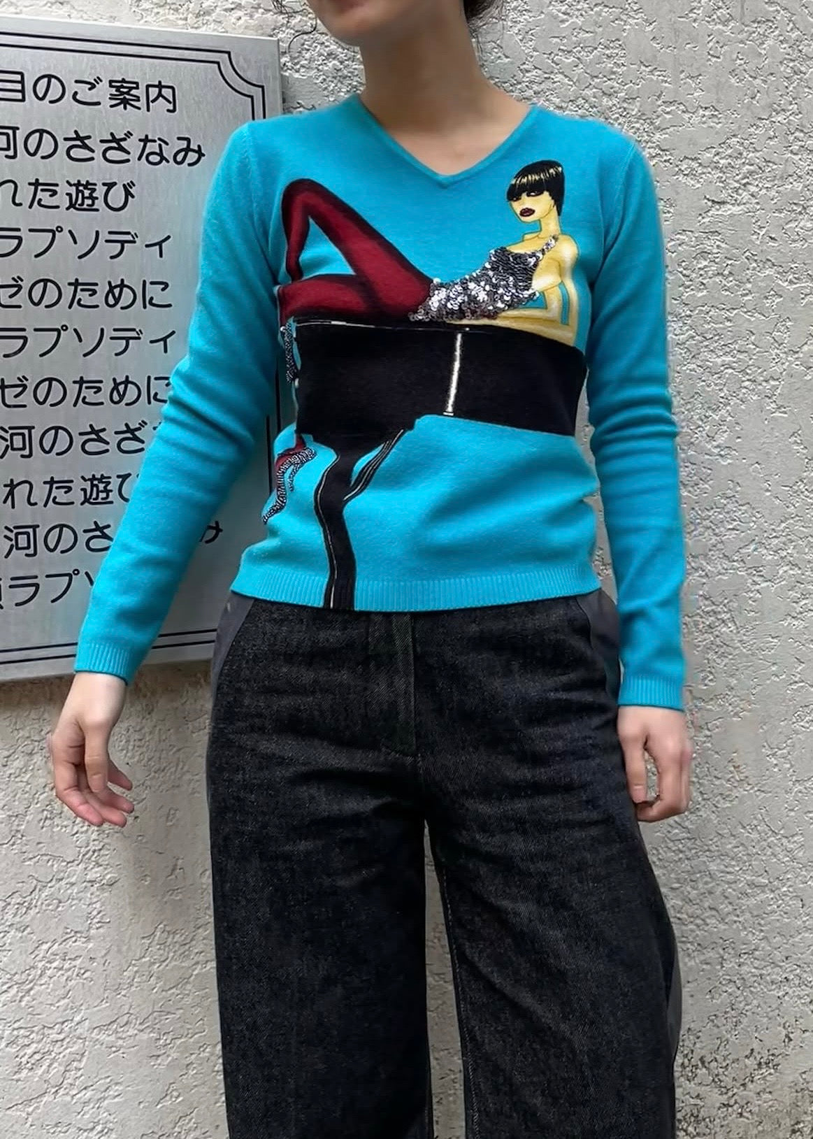 Custo Barcelona blue sweater - bedazzled woman on piano