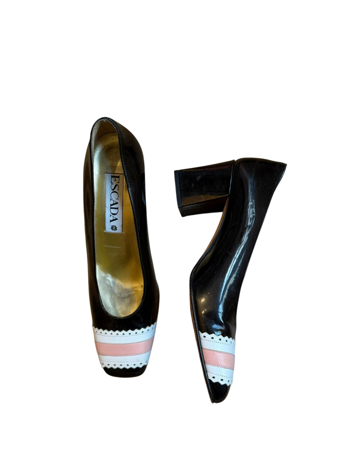 Escada black patent leather heels with white and pink trim detail (8B)