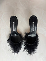 Manolo Blahnik EU 39 Black Satin Ostrich Feather Pointed Mule