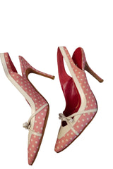 Manolo Blahnik pink and white polka dot heels with white bow (39.5)