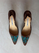 Manolo Blahnik EU 37.5 Brown Floral Embroidered Pointed Toe Slingback