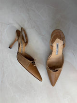 Manolo Blahnik EU 38 Tan Suede Leather Slingback Pointed Toe Heel
