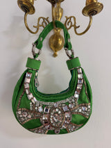 Rare Archival Chloé “Bracelet Bag” in Green Satin with hand stitched crystal beaded details