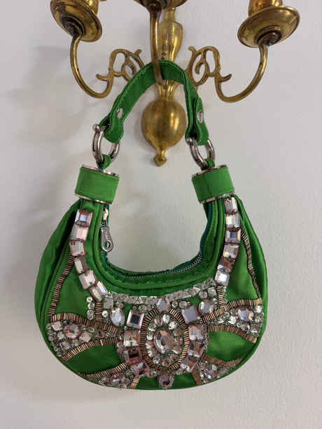 Rare Archival Chloé “Bracelet Bag” in Green Satin with hand stitched crystal beaded details