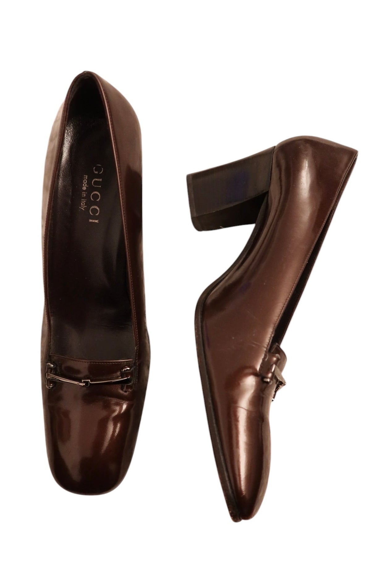 Gucci shiny brown patent leather loafer heels (8.5B)
