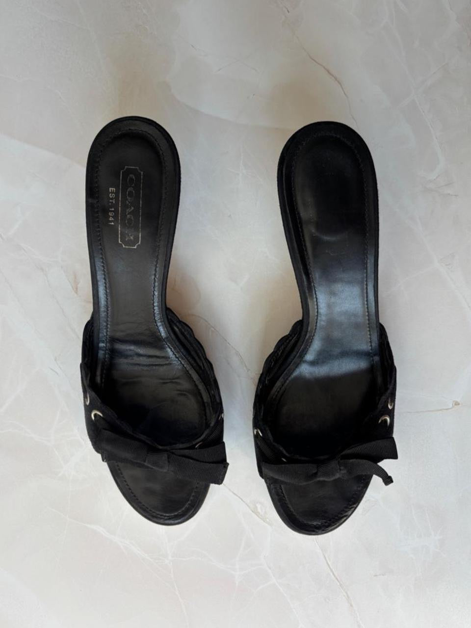 Coach US 9.5 Black Suede Open Toe Kitten Heel Mule
