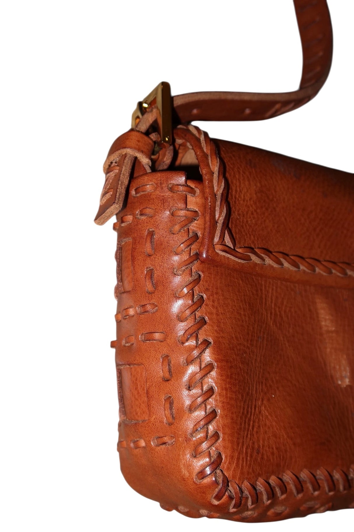 Fendi baguette whipstich tan brown leather bag