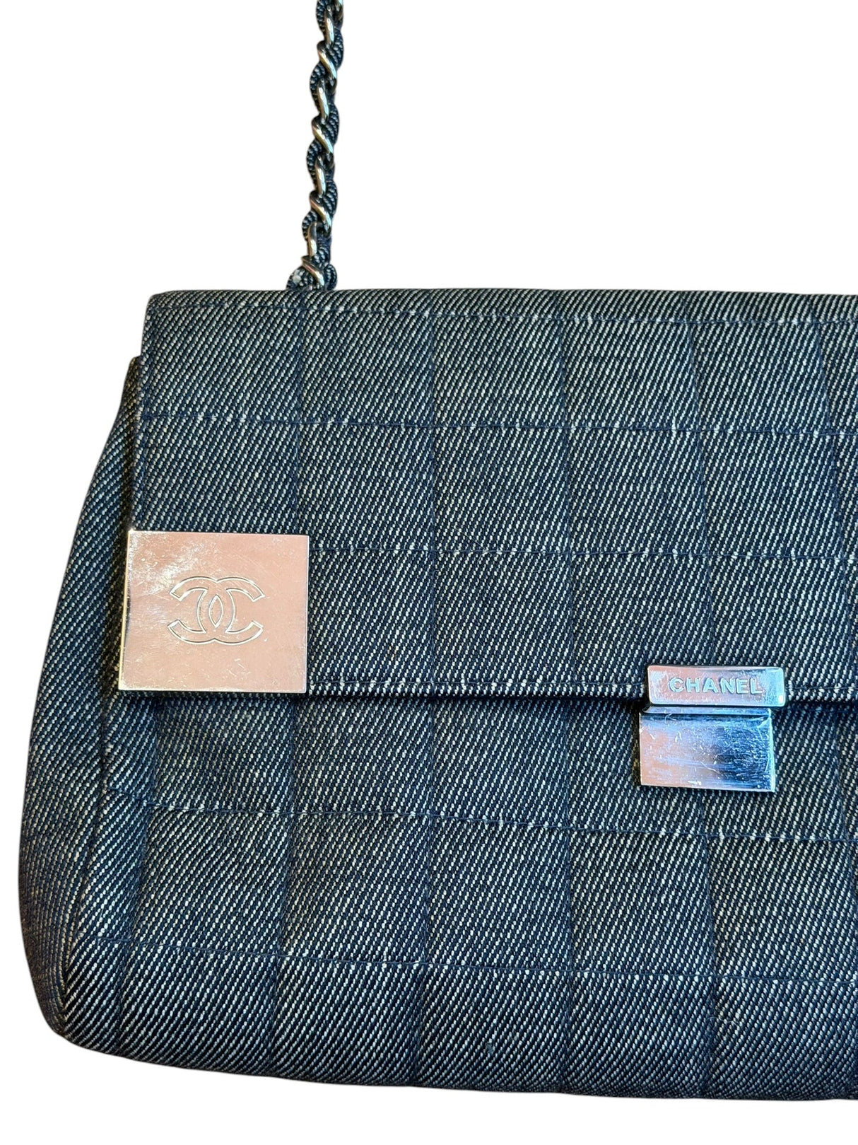 Chanel grey denim chocolate bar flap bag