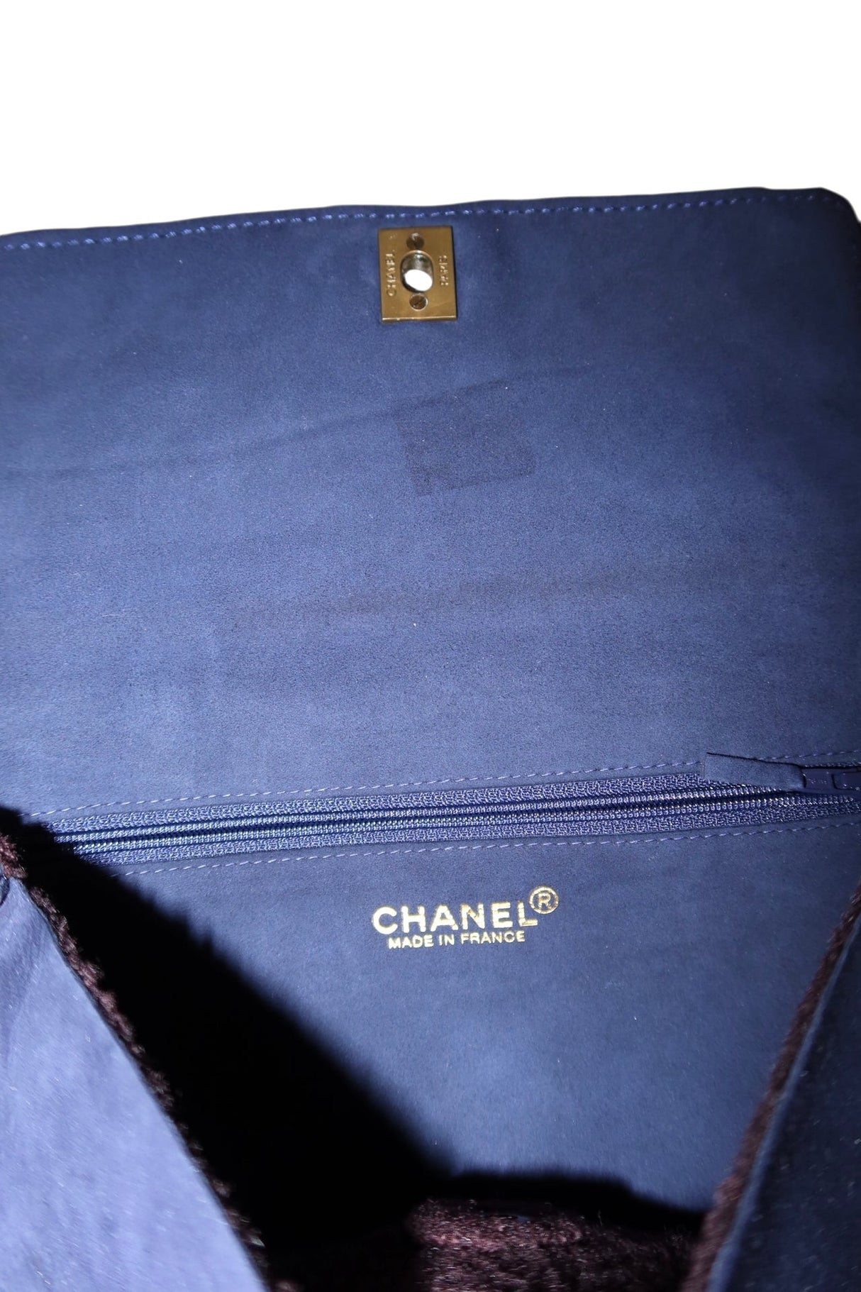 Chanel navy blue suede and shearling pouch