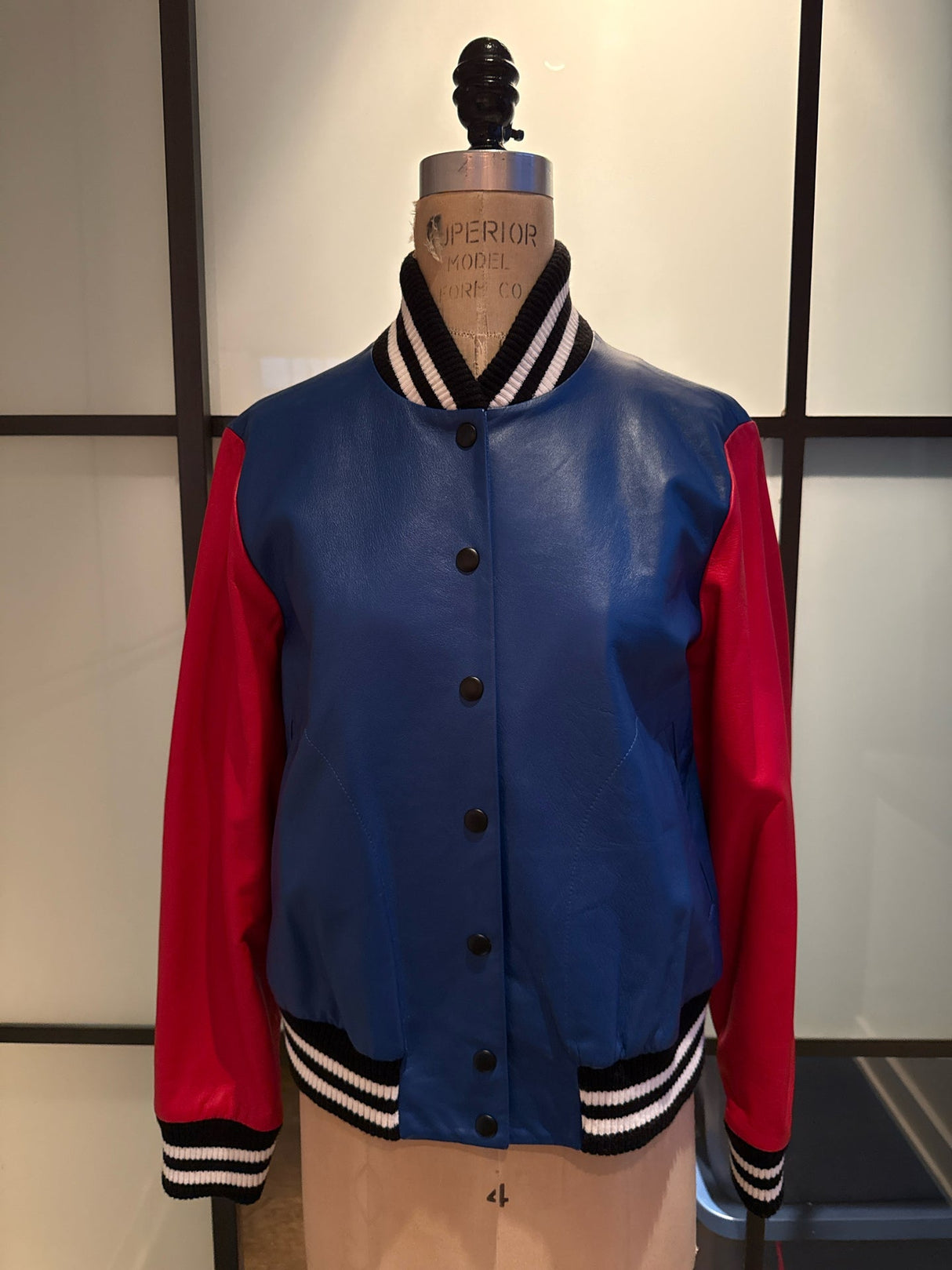 Barney's x Lisa Perry Size 4 Blue & Red Leather Bomber Jacket