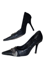 Dior black leather heels with iconic D buckle chain embellishment (36.5)