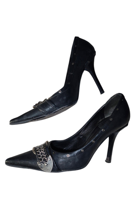 Dior black leather heels with iconic D buckle chain embellishment (36.5)