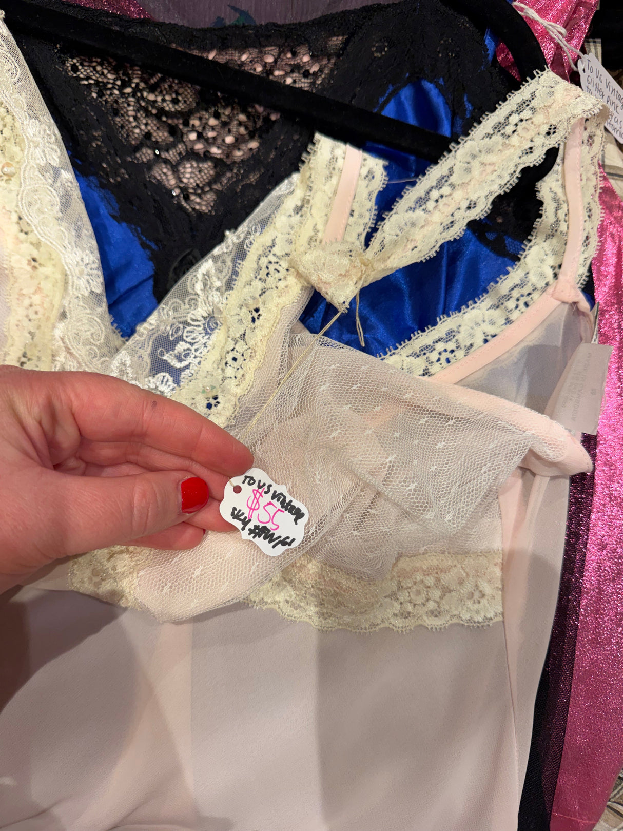 Pink lace camisole with white detail and rose at center - sku tuv #161