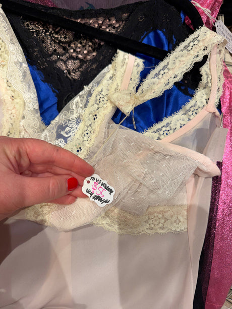 Pink lace camisole with white detail and rose at center - sku tuv #161